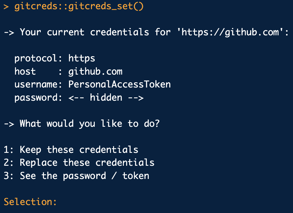 Screen shot of the prompt generated by gitcreds set when replacing the GitHub PAT